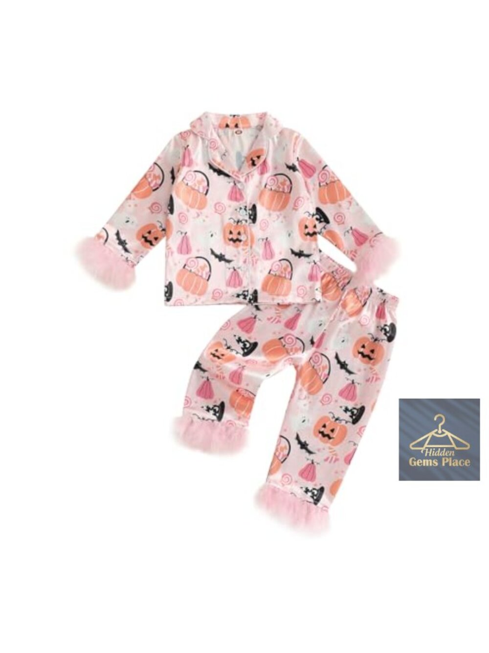 Toddler Girls 2 Piece Satin Pajama Set Pumpkin Halloween Long Sleeve Pjs